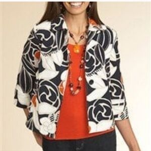CHICOS Retro Jacket Button Up Swing Coat Orange Black Cotton Art To Wear Size 2